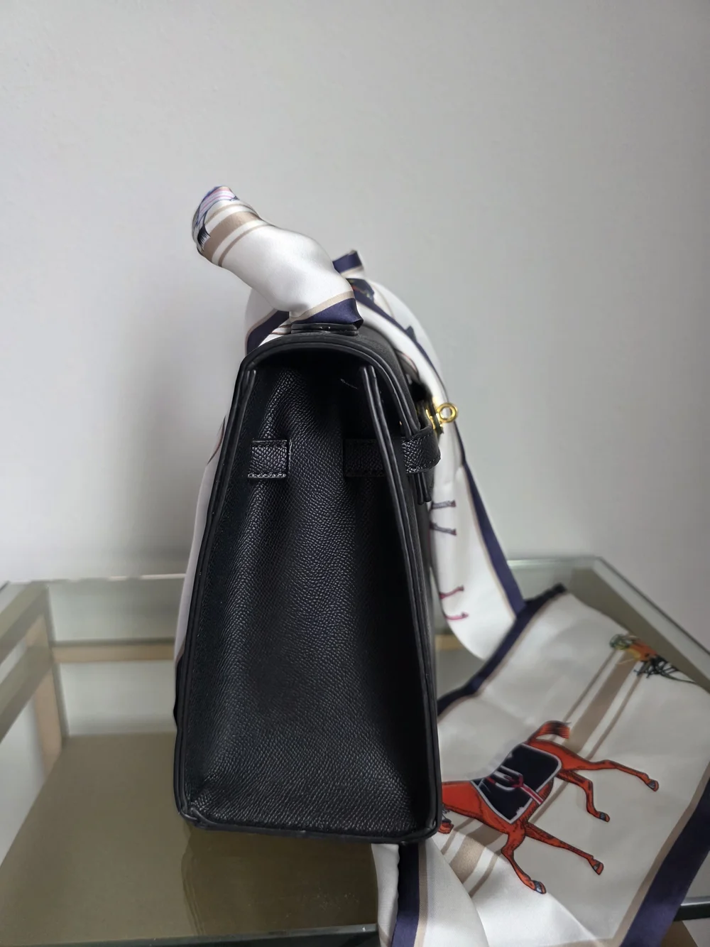 Black Leather Top-Handle Women's Bag with Gold Hardware